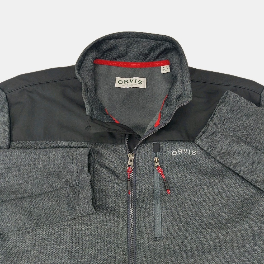 Orvis Mens Full Zip Fleece Jacket Gray‎ Black Colorblock Mock Neck Size Medium